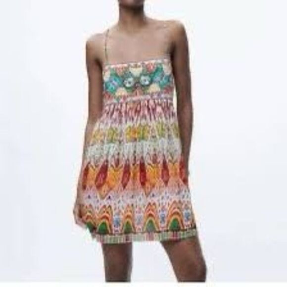 Zara Womens Embroidered mini Dress Sz L Lined Boho Hippie - Picture 2 of 11